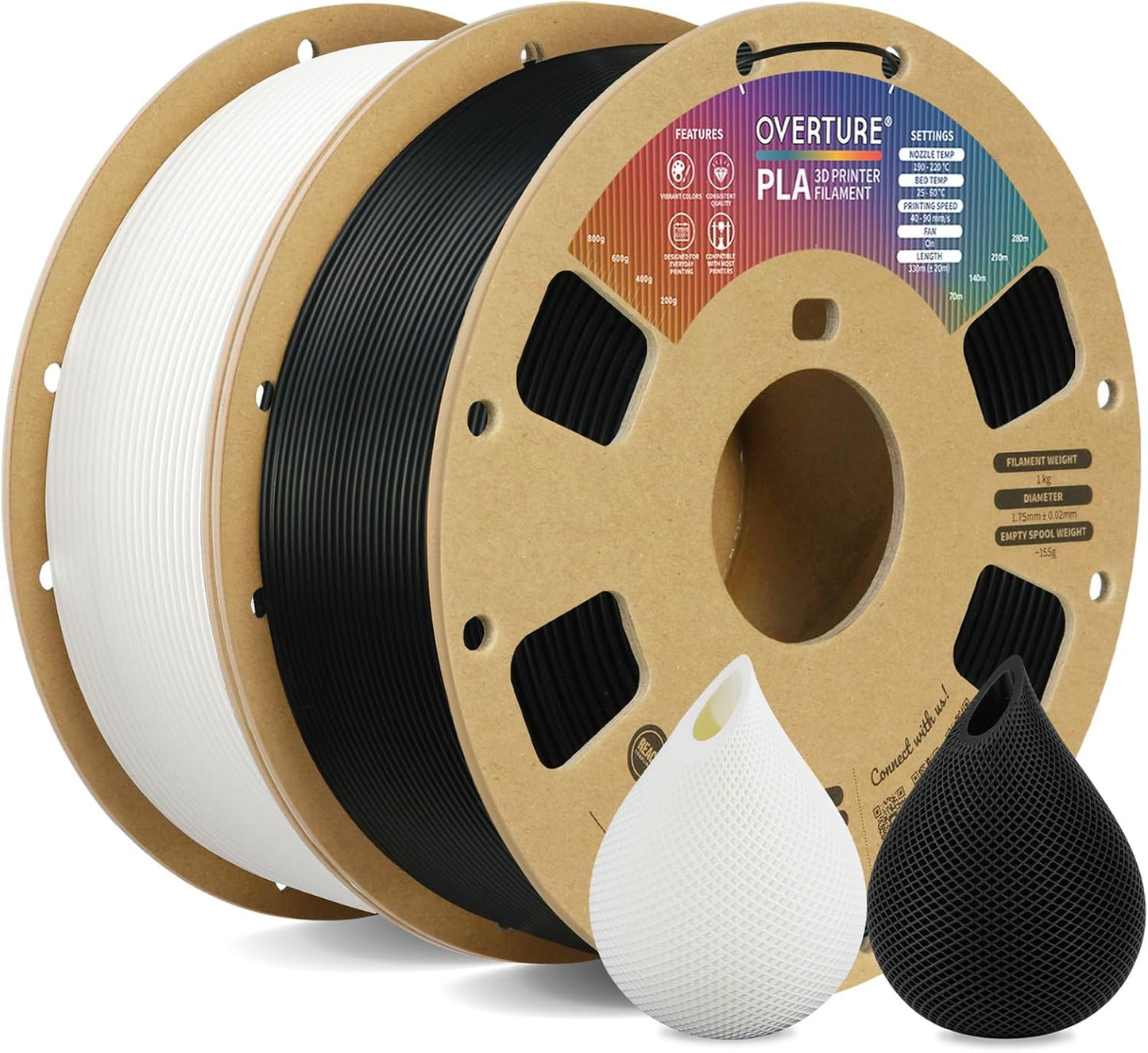 OVERTURE PLA Filament 1.75mm PLA 3D Printer Filament, 1kg Cardboard Spool (2.2lbs), Dimensional Accuracy +/- 0.02mm, Fit Most FDM Printer (Black 1-Pack) - PuriLite