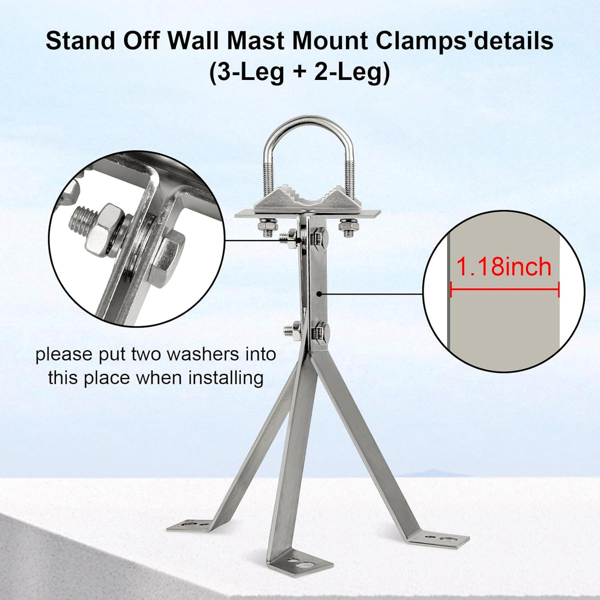 XRDS-RF 16 Inch Heavy-Duty Wall Mount Stand Off Mast for TV Antenna - Windproof Mounting Bracket (2-Leg + 2-Leg) - PuriLite