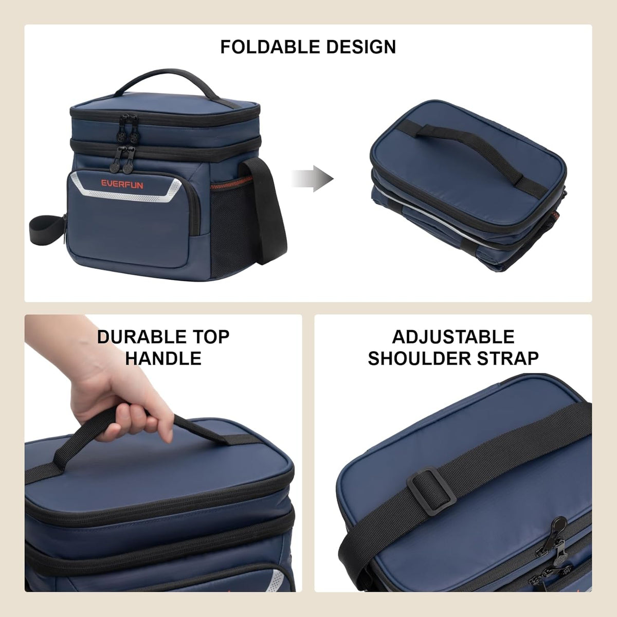 EVERFUN Cooler Bag Insulated Beach Cooler Lunch Bag Box for Men Women Dual Compartments Collapsible Waterproof Leak-Proof for Travel Work Picnic - PuriLite