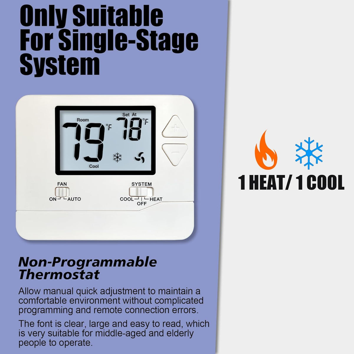 Heagstat Non-Programmable Thermostats for Home Single-Stage 1 Heat/ 1 Cool (with Green Backlight) - PuriLite