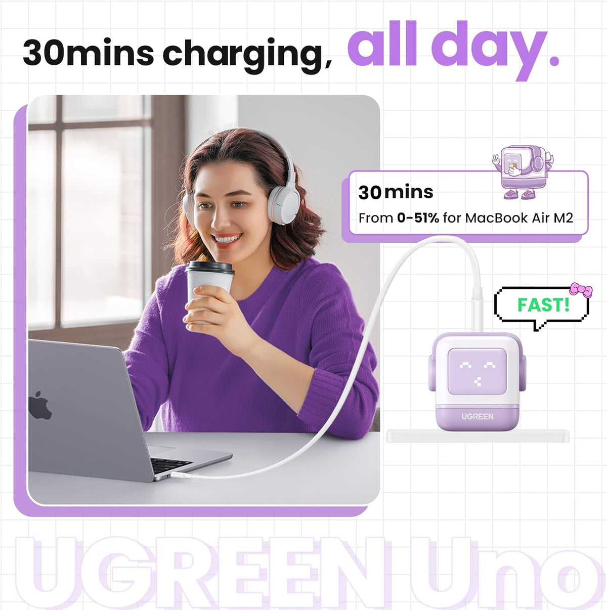 UGREEN Uno 65W USB C Charger Block, Nexode GaN Fast Charging 3-Port, Compact Wall Plug Power Adapter for MacBook Pro/Air, iPhone 16 15 Pro, Galaxy S24 Ultra, Pixel 8, iPad, Steam Deck, Black - PuriLite