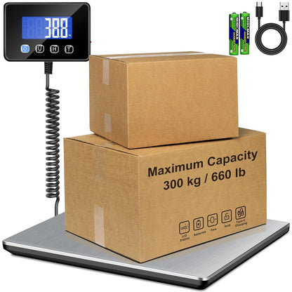 RAOYAN Shipping Scale, 660 lb / 1 oz High Accuracy Digital Postal Scale with LCD Display, Hold/Tare Function, Shipping Scale for Package, Luggage, Warehouse (Including 2 Batteries, Charging Cable) - PuriLite