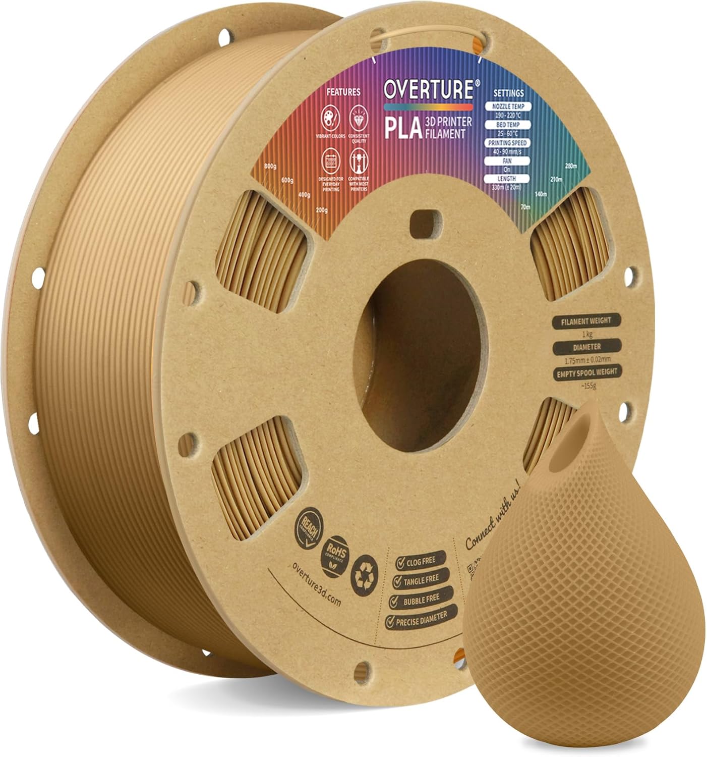 OVERTURE PLA Filament 1.75mm PLA 3D Printer Filament, 1kg Cardboard Spool (2.2lbs), Dimensional Accuracy +/- 0.02mm, Fit Most FDM Printer (Black 1-Pack) - PuriLite