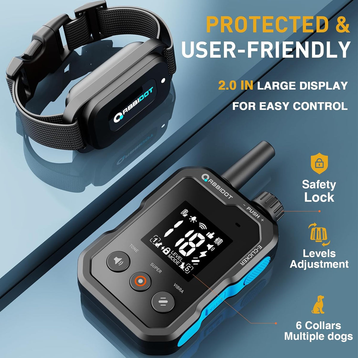 ABBIDOT Shock Collar - 4500ft Range Dog Training Collar, Super Mode, E-Clicker, Night Light, Safety Lock, Waterproof & Rechargeable E Collar for Small to Large Dogs (10-130 lbs) - PuriLite