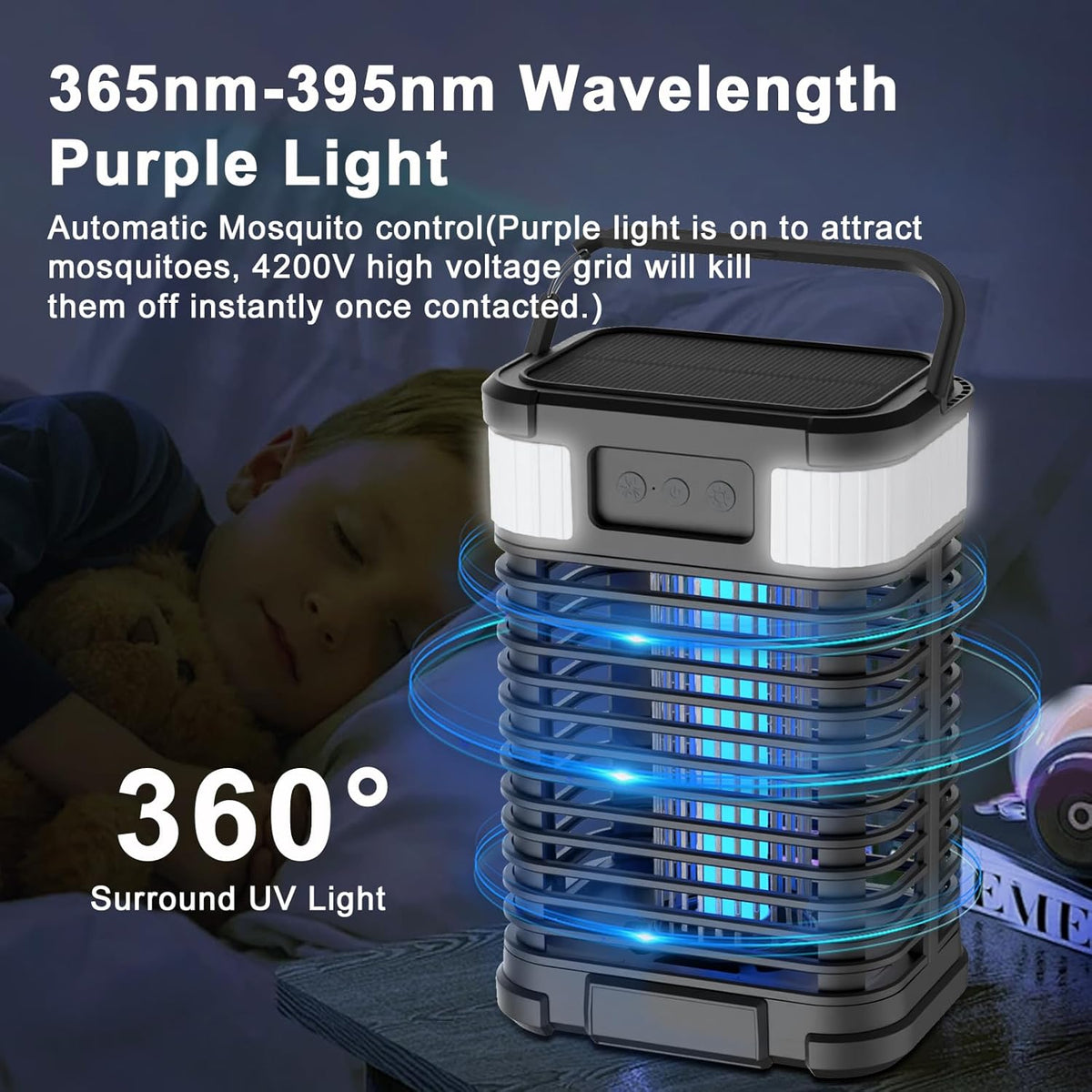 Mosquito Zapper, Solar Bug Zapper 4200V Cordless & Rechargeable Bug Zapper Outdoor with LED Light, Portable Waterproof Electric Fly Zapper with Hook, for Patio Camping Backyard Garden - PuriLite