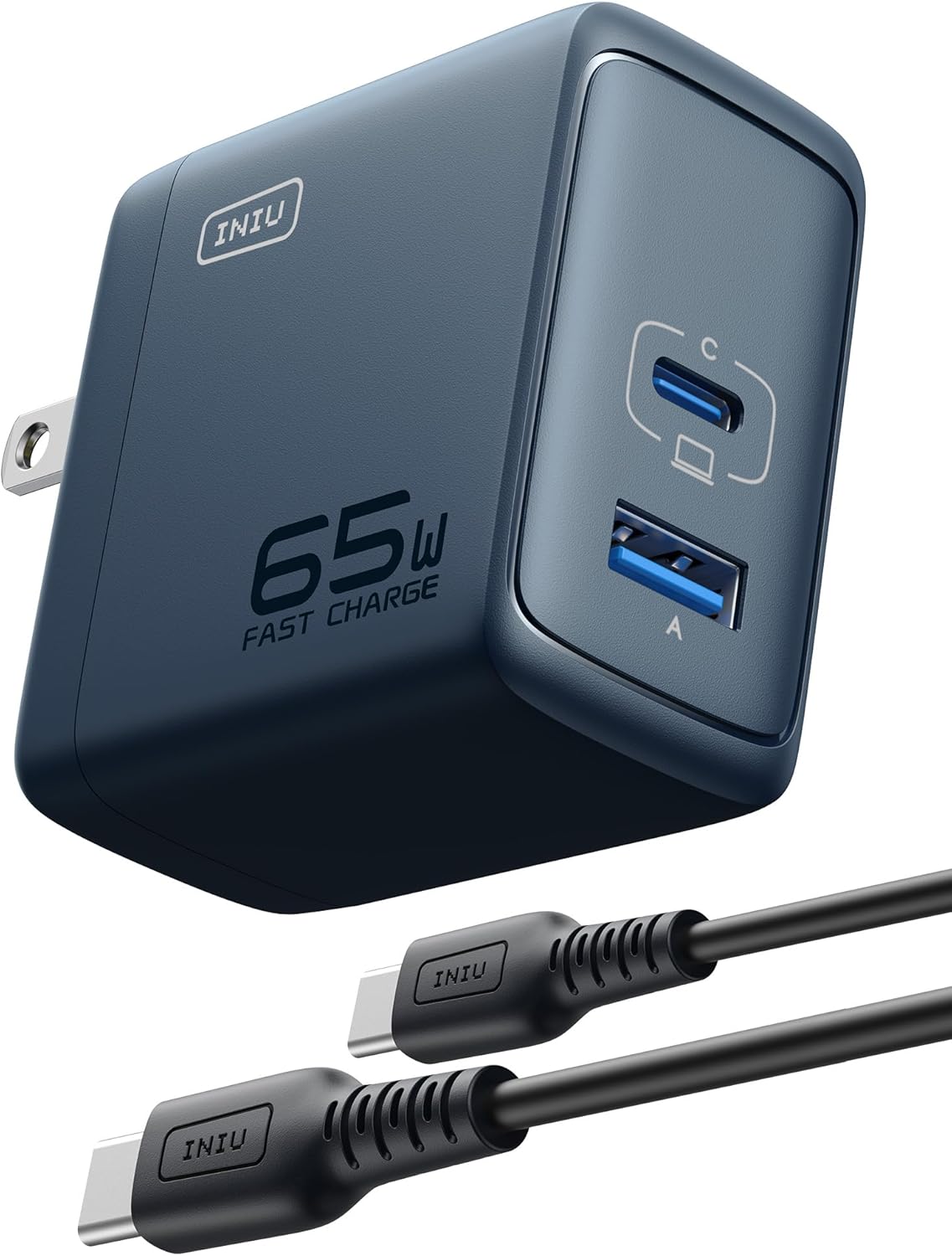 INIU USB C Charger, 65W Fast Charging GaN Wall Charger, 2-Port Compact Foldable PD PPS Charger Block for MacBook Pro/Air, iPad Pro, iPhone 16/15, Galaxy S23, Dell XPS 13, Note 20/10+, Steam Deck - PuriLite