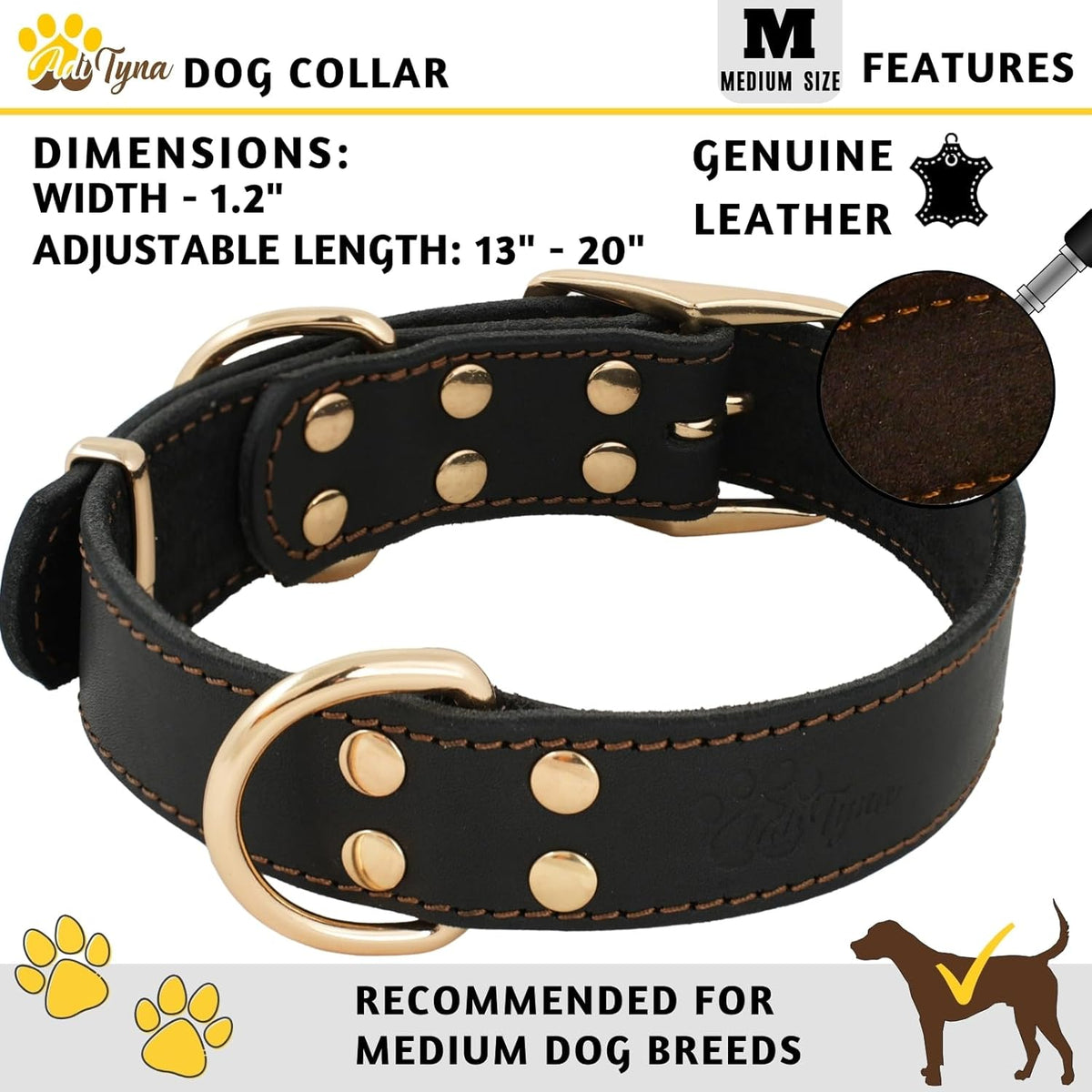 ADITYNA Heavy-Duty Leather Dog Collar for Medium Dogs - Soft and Strong, 100% Genuine Leather - Collier Pour Chien (Medium: Fit 13" - 20" Neck, Brown) - PuriLite