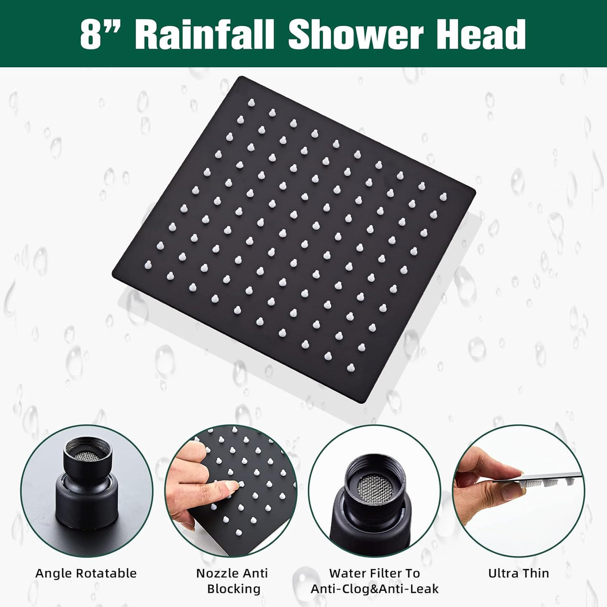 LCEVCGK Shower Faucet Set Complete Matte Black Shower System with 8 inch Square Rainfall Shower Head 3-Function Handheld Shower Waterfall Bathtub Spout Rain Shower Combo Set Bathroom Wall Mounted - PuriLite