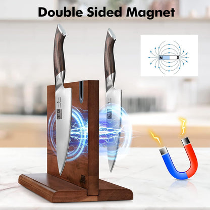HOSHANHO Magnetic Knife Block 14 x 10 Inches, Double Sided Magnetic Knife Holder Rack for Kitchen Counter, Acacia Wood Magnetic Knife Storage Stand with Knife Sharpener - PuriLite