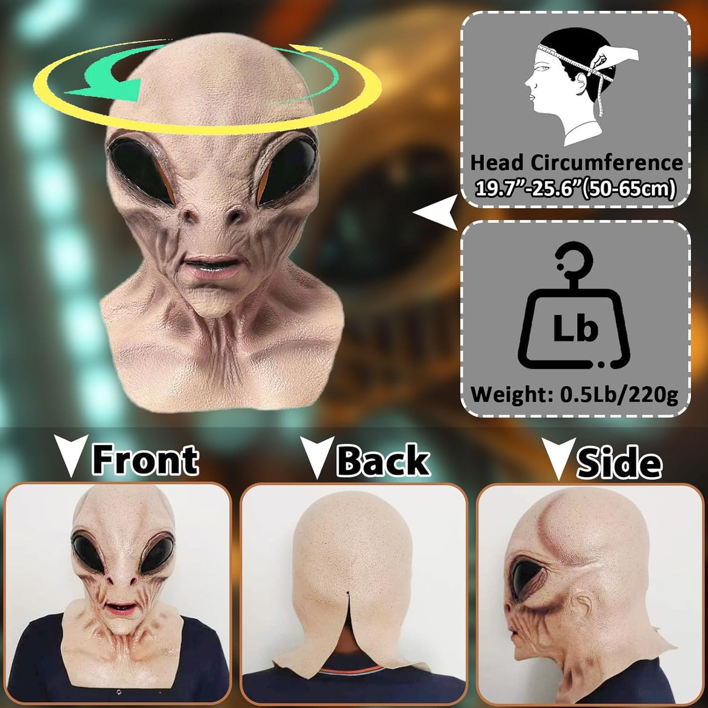 Alien Mask, Scary Latex UFO Head Mask, Realistic Alien Face Masks for Halloween Carnival Party Props - Light Brown - PuriLite