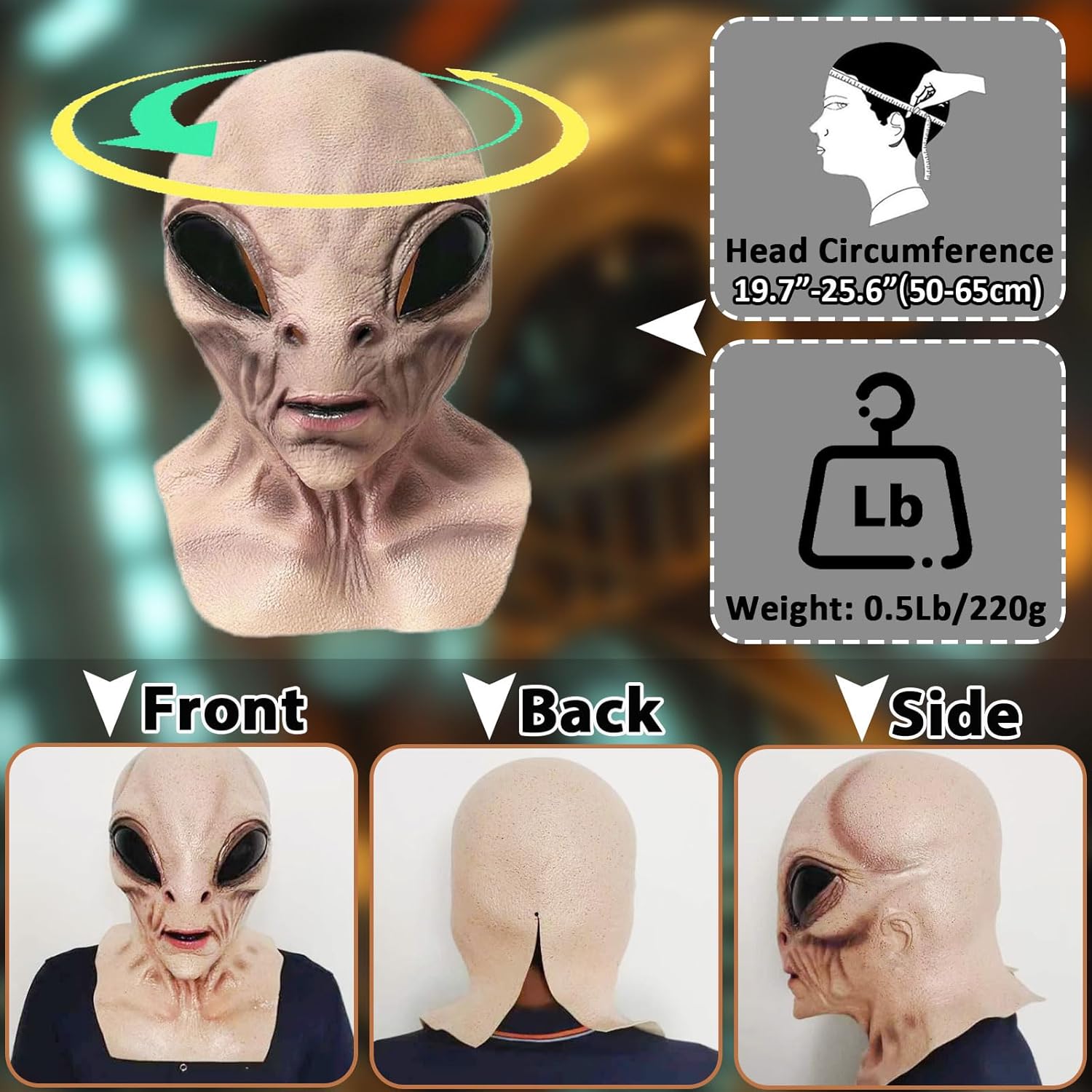 Alien Mask, Scary Latex UFO Head Mask, Realistic Alien Face Masks for Halloween Carnival Party Props - Light Brown - PuriLite