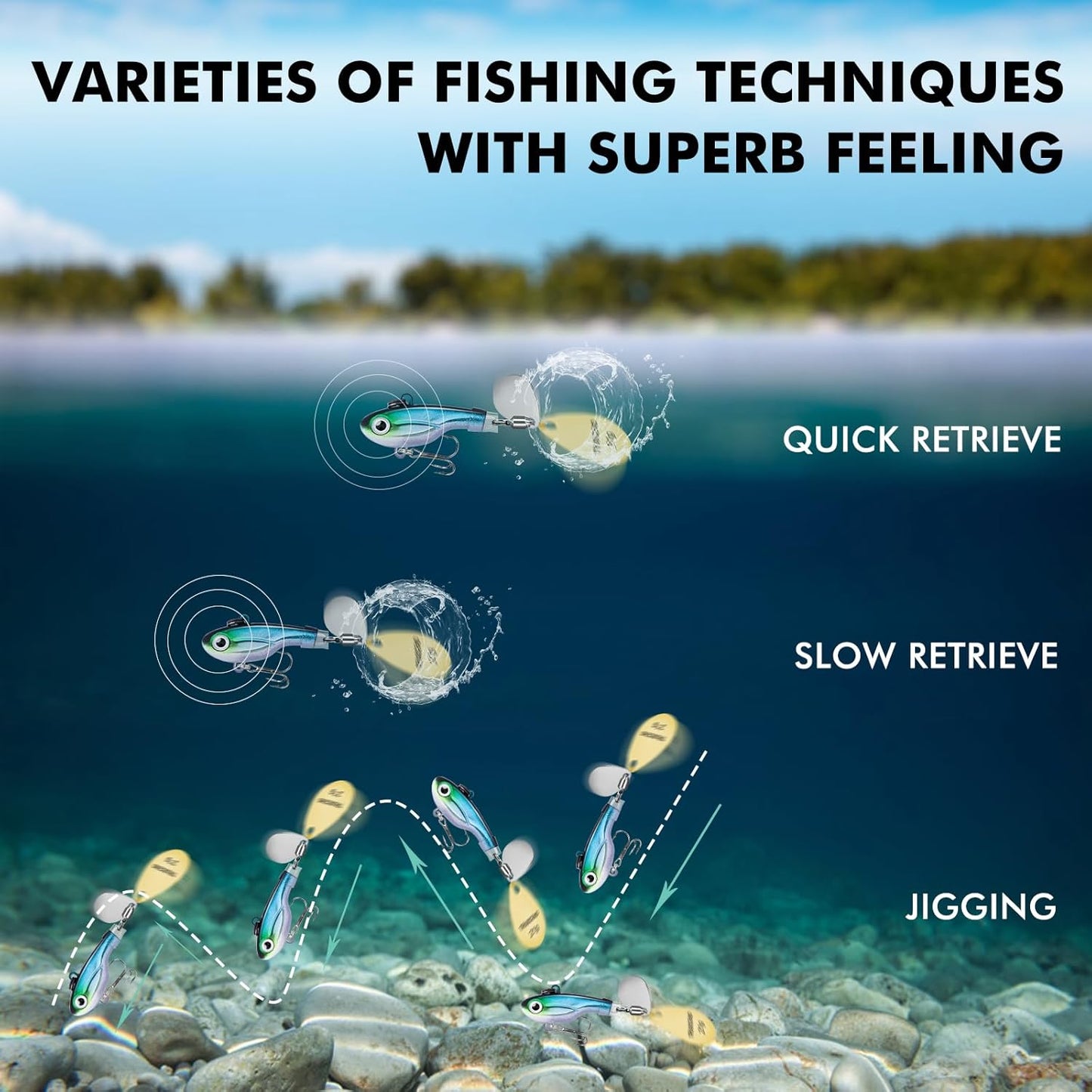 TRUSCEND Fishing Spinners with Unique Double Spoons, Nano-Plated Rooster Tail Fishing Lures with Copper Body & Blade, Great Action Blade Bait for Bass Trout Walleye, Freshwater Ice Fishing Jigs - PuriLite