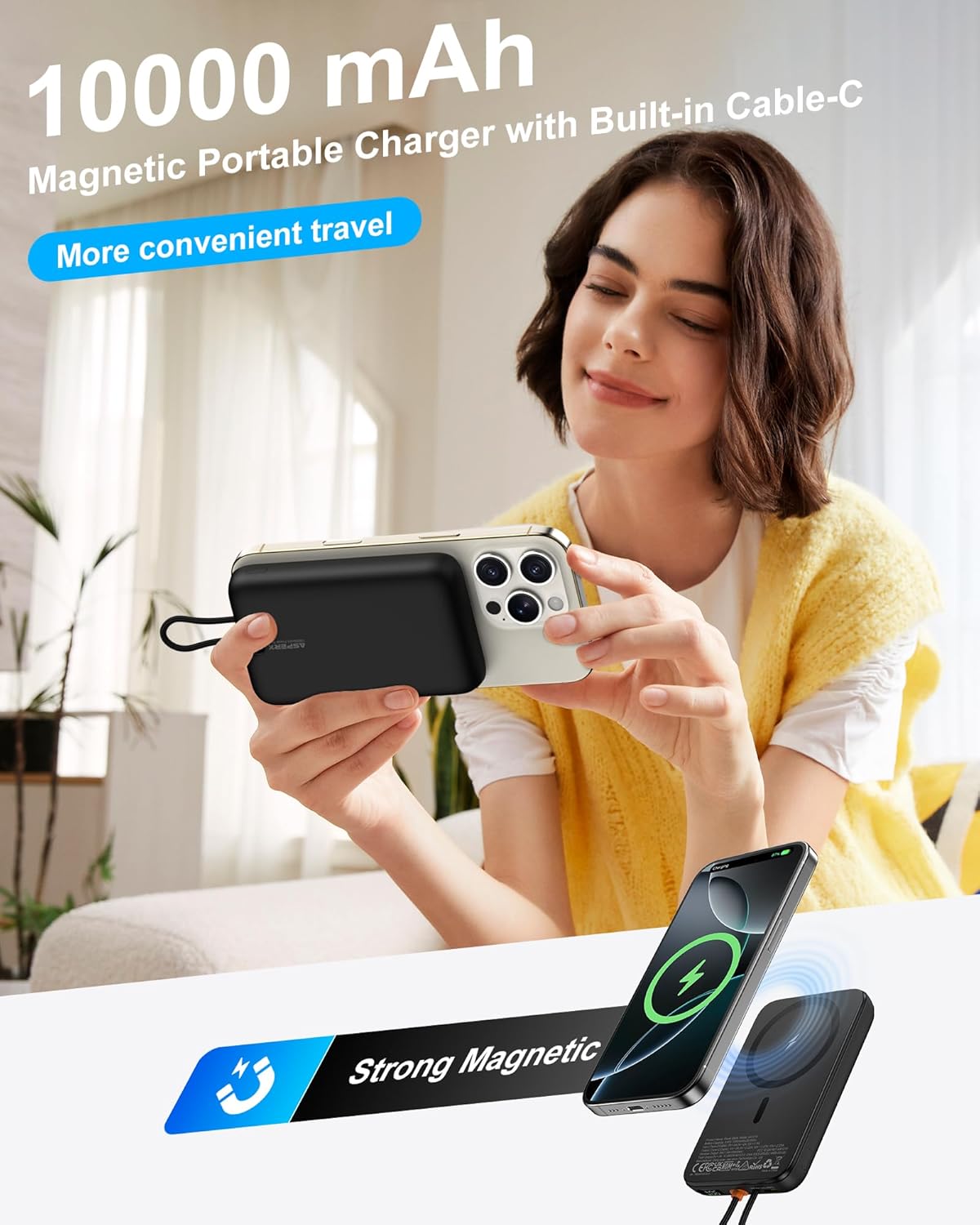 AsperX for Magsafe Power Bank, 10000mAh Wireless Magnetic Power Bank, 22.5W Wire Fast Charging Portable Charger with USB C Cable, LCD Display for Magsafe Battery Pack for iPhone 16/15/14/13/12 - PuriLite