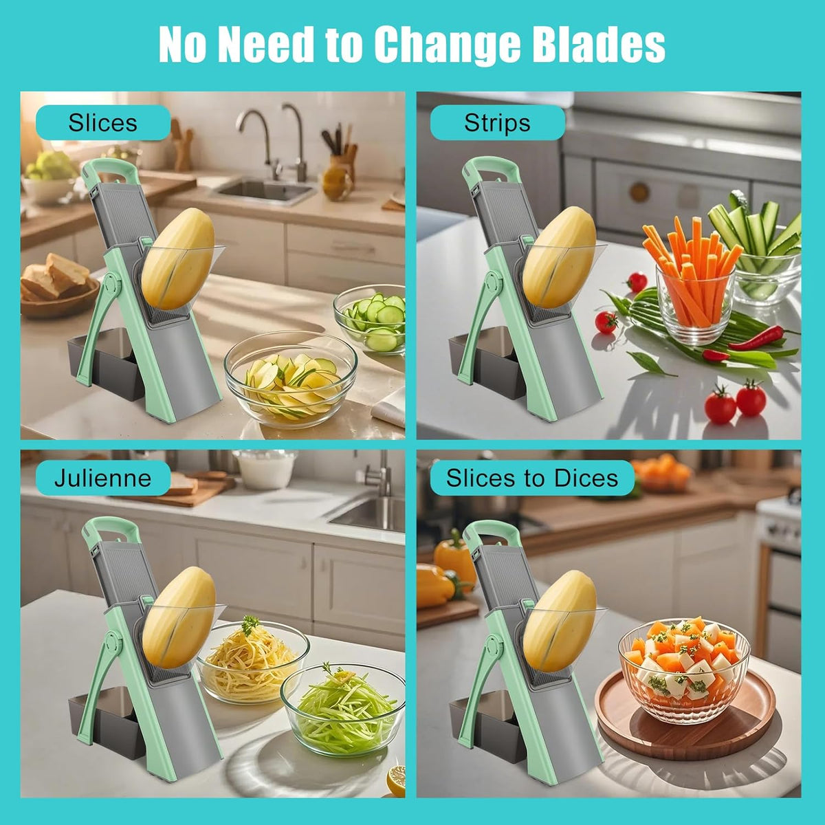 MEKOTRIN Vegetable Chopper Mandoline Slicer for Kitchen, Vegetable Food Slice Potato Slicer Chopper, Veggie Chopper with Container, Adjustable Thickness Julienne + Dicer, Kitchen Tools Gadgets, Green - PuriLite