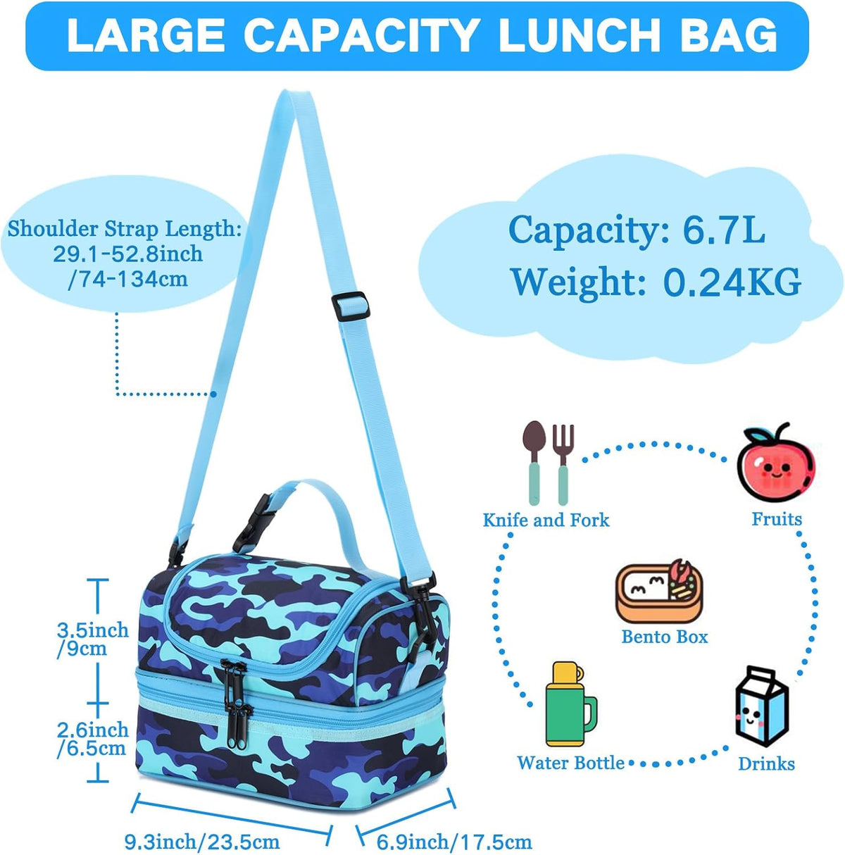 VASCHY Lunch Box Bag Men, Insulated Two Compartments Bento Cooler Bags for Adults/Women/Kids for School,Daycare,Kindergarten,Picnic Black - PuriLite