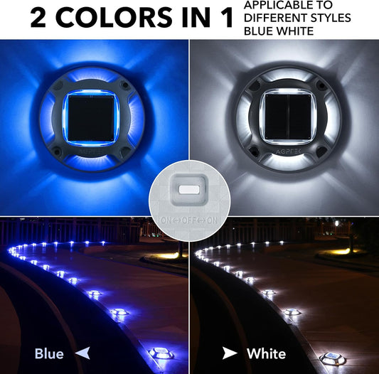 Solar Deck Lights Outdoor 12 Pack, AGPTEK Solar Deck Lights 2 Color Modes Dock Marine Waterproof Warning Step Lights for Sidewalk Stair Driveway Garden Pathway Walkway Yard, Blue Light & Cool White - PuriLite