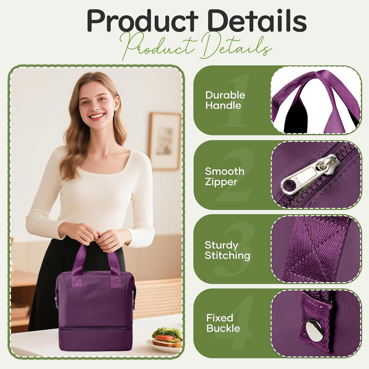 Lunch Bag Insulated Lunch Box Leakproof Lunch Tote Bags for Women Men,Portable Thermal Cooler Bag Lunch Containers with Shoulder Strap for Work, Family, Picnic, School, Outdoor,BBQ C2-Pinkpurple - PuriLite