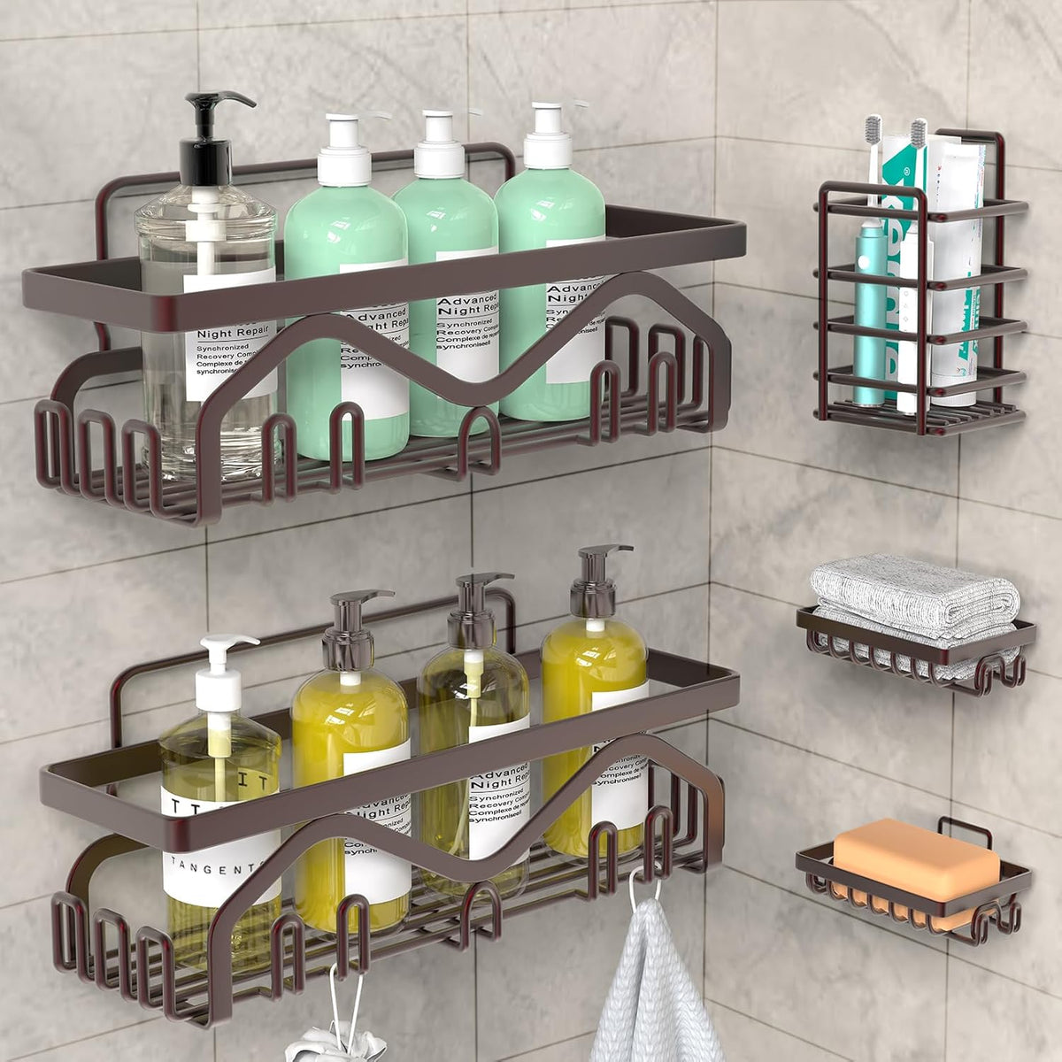 Coraje Adhesive Shower Caddy, 5-Pack Shower Shelves, Large Capacity Load Bearing 40 LBS Shower Organizer, No Drilling Shower Shelf, Rustproof Stainless Steel Bathroom Shower Storage, Black - PuriLite
