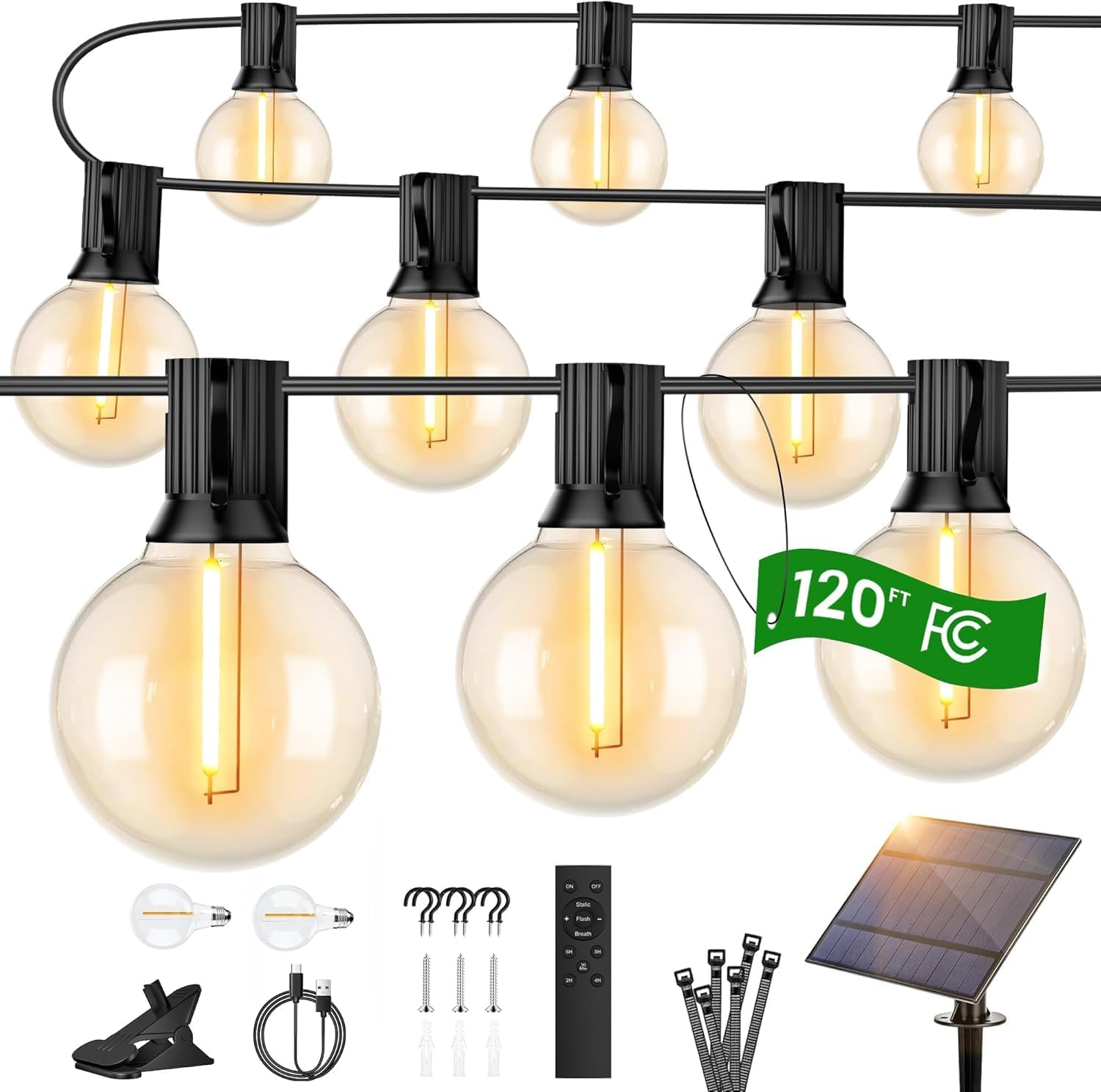 OHLUX 120FT Solar String Lights Outdoor with Remote, Patio Lights with 52 Shatterproof G40 Globe LED Filament Bulbs, Dimmable Outside Edison Hanging Light for Backyard Party Decor - PuriLite