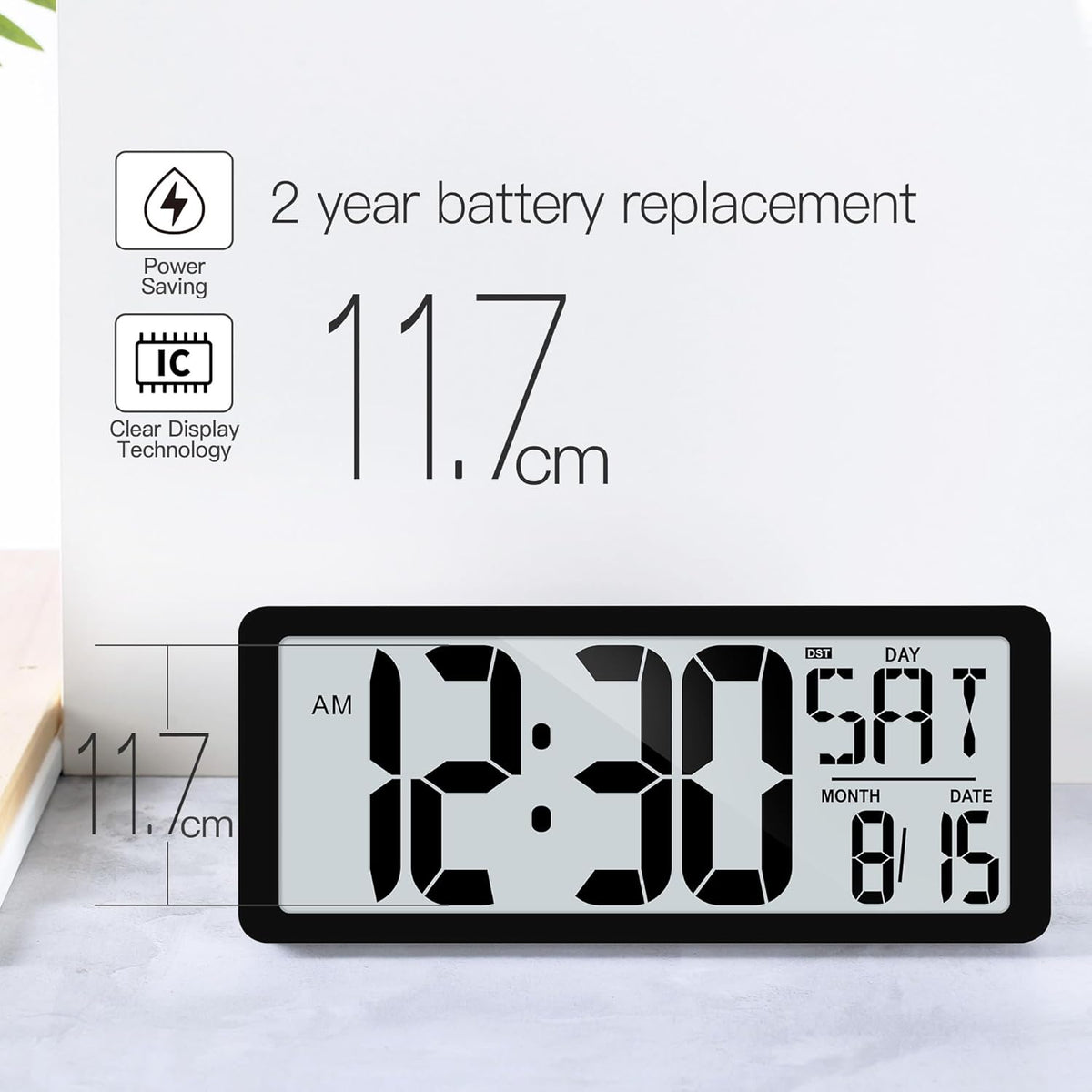 KMMKGG 15" Large Digital Wall Clock Battery Operated, Digital Clock Display with Day, Date & Temperature, Large Wall Clock for Bedroom, Livingroom, Office(4.6" Numbers) - PuriLite