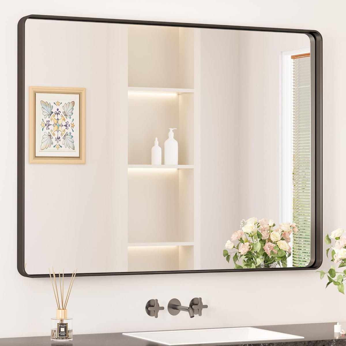 Keonjinn 42 x 36 Brushed Nickel Bathroom Vanity Mirror, Large Rounded Rectangle Bathroom Mirrors for over Sink, Metal Framed Silver Mirror for Wall, Shatterproof HD Tempered Glass(Horizontal/Vertical) - PuriLite