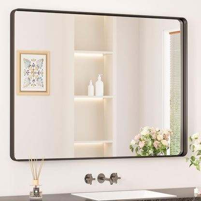 Keonjinn 42 x 36 Brushed Nickel Bathroom Vanity Mirror, Large Rounded Rectangle Bathroom Mirrors for over Sink, Metal Framed Silver Mirror for Wall, Shatterproof HD Tempered Glass(Horizontal/Vertical) - PuriLite