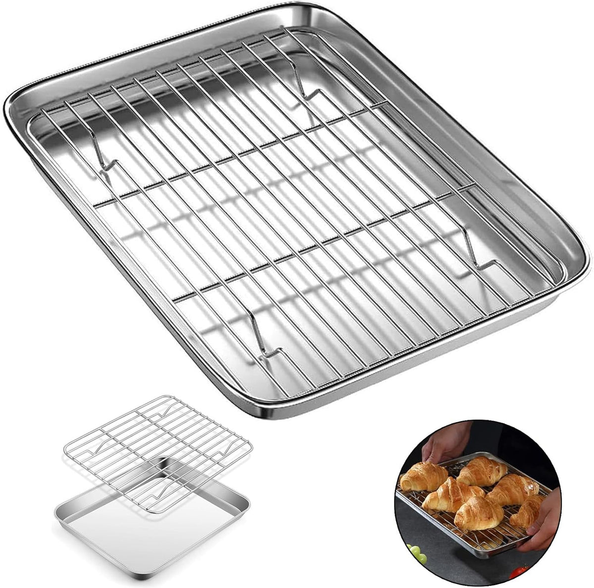Baking Sheet with Rack Set, 11 inch Stainless Steel Baking Pan Tray Cookie Sheet with Cooling Rack, for Cookies/Baking/Steak, Rust-Free, Easy Clean & Dishwasher Safe - PuriLite