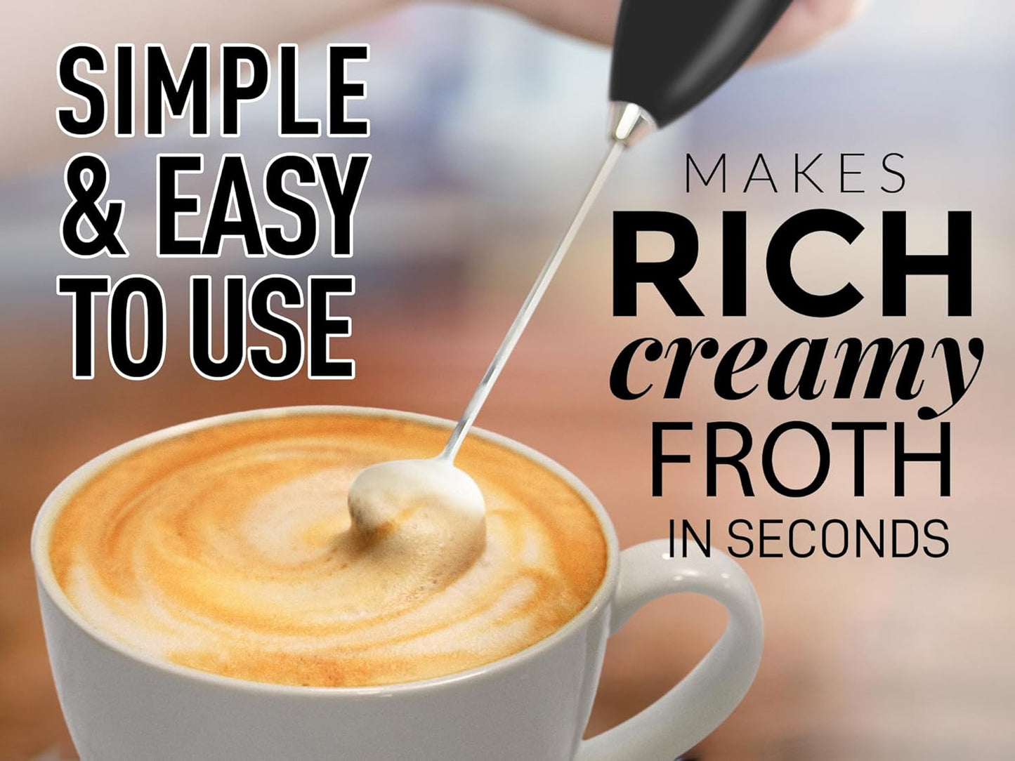 Zulay Kitchen Powerful Double Whisk Milk Frother Handheld - Foam Maker with Stand - Whisk Drink Mixer for Coffee, Mini Foamer for Latte, Matcha, Frappe, Hot Chocolate & Cappuccino (Black) - PuriLite