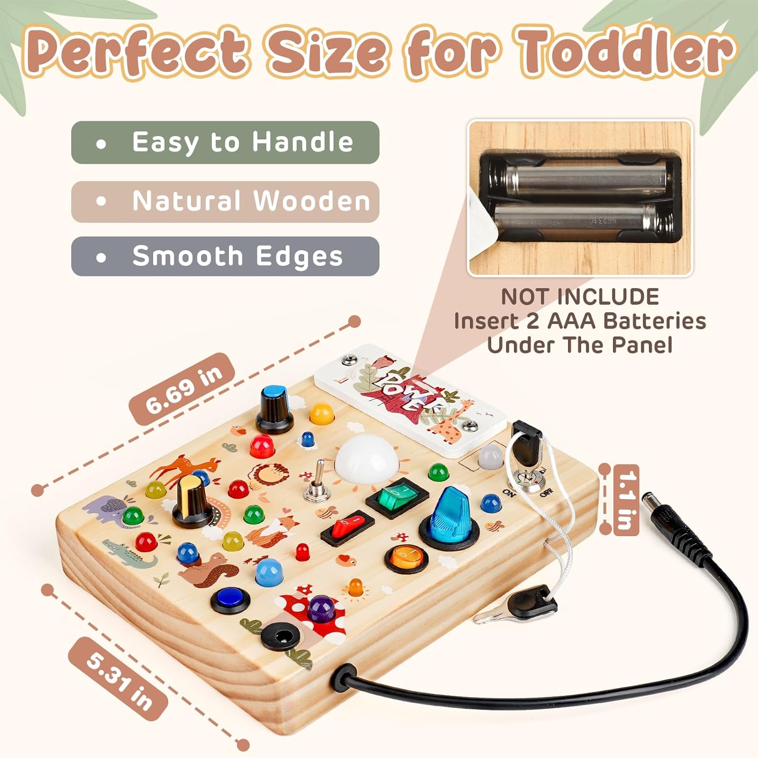 Joyreal Montessori Busy Board Wooden Sensory Toys for Toddler with LED Light Up Switch, Baby Fidget Board Travel Toys for 18+ Months, Boys Girls Birthday - PuriLite
