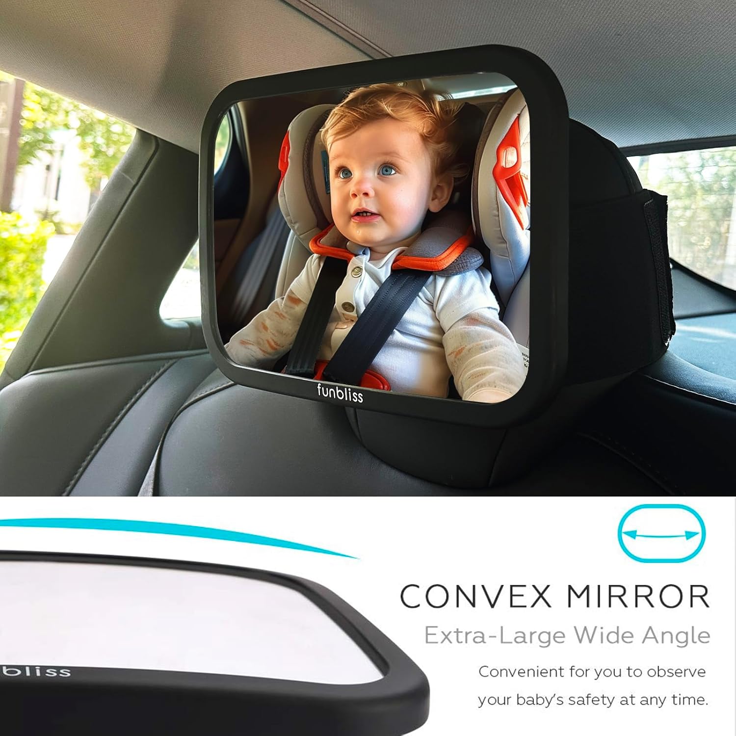 Funbliss Baby Car Mirror for Rear Facing Seat,360° Rotation, Safety CertifiedShatterproof Acrylic Glass, Clear Wide View,Infant Car Mirror for Car Seat Rear Facing,Baby Vehicle Mirror - PuriLite