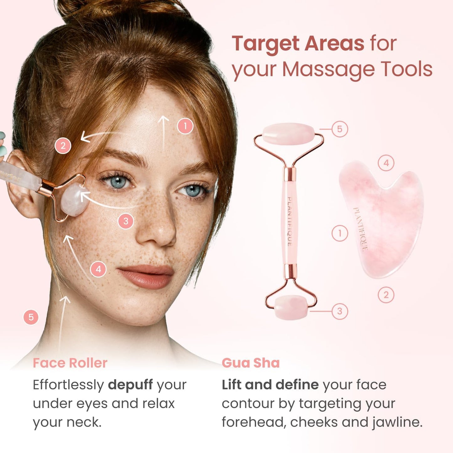 Plantifique Rose Quartz Gua Sha Facial Tool and Face Roller Set - Anti Aging Guasha Tool for Face, Eyes, Neck Massager for Lymphatic Drainage - Rouleau Visage
