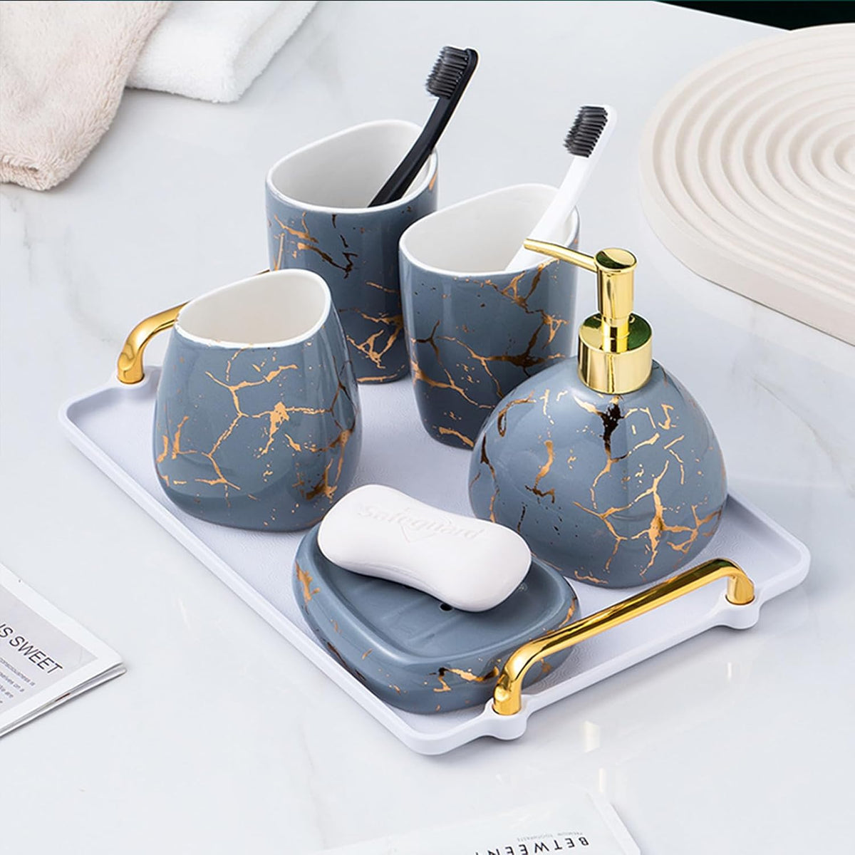 White Bathroom Accessories Set,Modern Countertop Bathroom Decor,Luxury 6 Piece Bathroom Accessory Set,Complete with Soap Dispenser,Toothbrush Holder,Tumbler,Tray - PuriLite