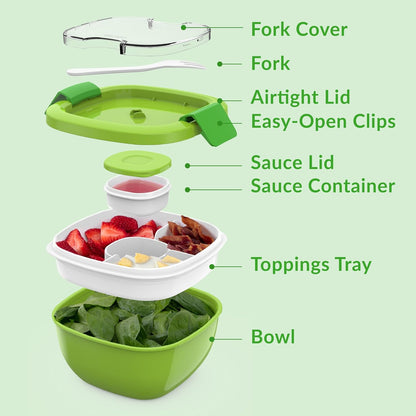 Bentgo Salad - Stackable Lunch Container with Large 54-oz Salad Bowl, 4-Compartment Bento-Style Tray for Toppings, 3-oz Sauce Container for Dressings, Built-in Reusable Fork & BPA-Free (Khaki Green) - PuriLite