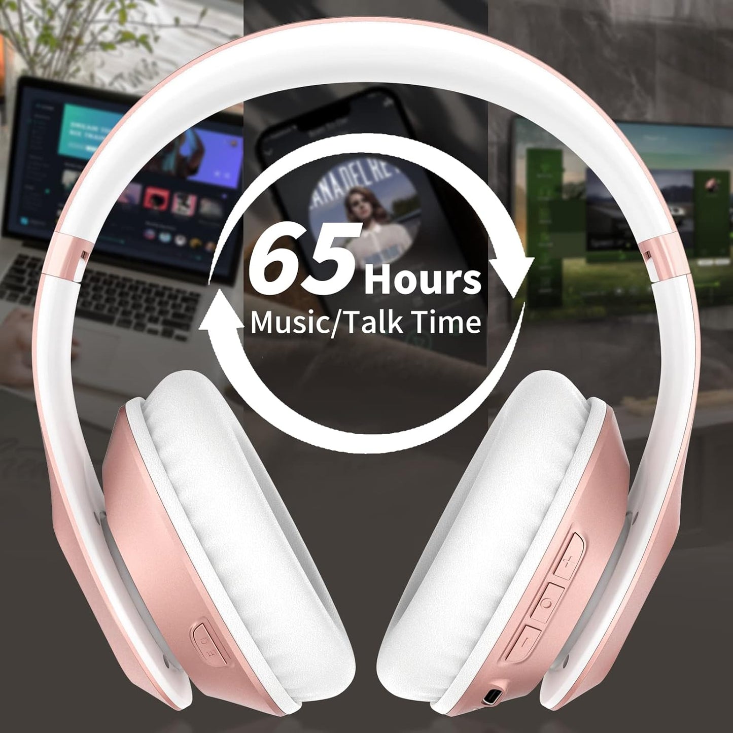 Glynzak Wireless Bluetooth Headphones Over Ear 65H Playtime HiFi Stereo Headset with Microphone and 6EQ Modes Foldable Bluetooth V5.3 Headphones for Desktop Computer Laptop Rose Gold - PuriLite