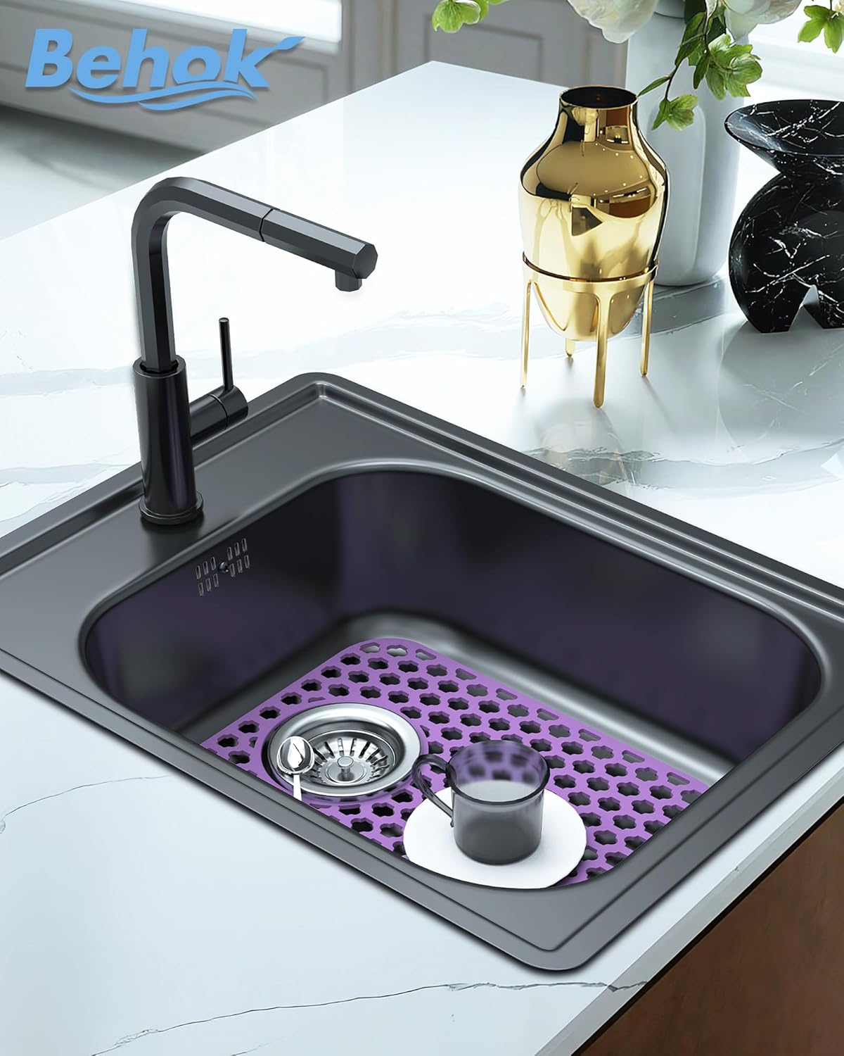 BEHOK 2 Pack Silicone Sink Protector for Kitchen Sink Bathroom Sink 13.58"x 11.6" Sink Mat, Non-Slip and Durable Silicone Sink Grid, Rear Drain (Gray) - PuriLite