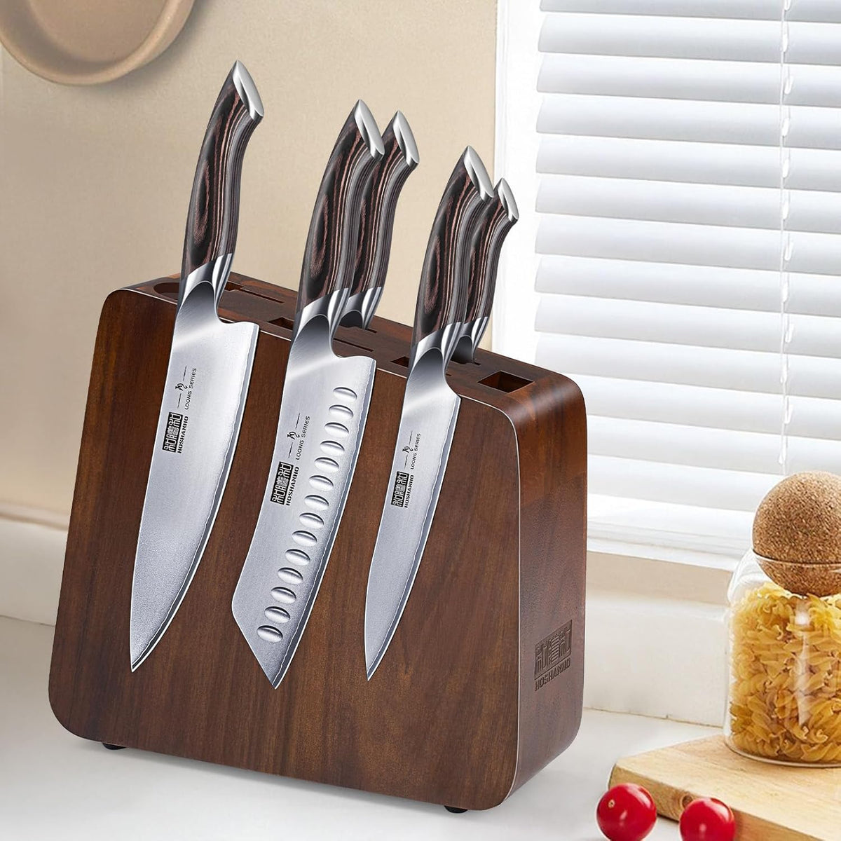 HOSHANHO Magnetic Knife Block 14 x 10 Inches, Double Sided Magnetic Knife Holder Rack for Kitchen Counter, Acacia Wood Magnetic Knife Storage Stand with Knife Sharpener - PuriLite