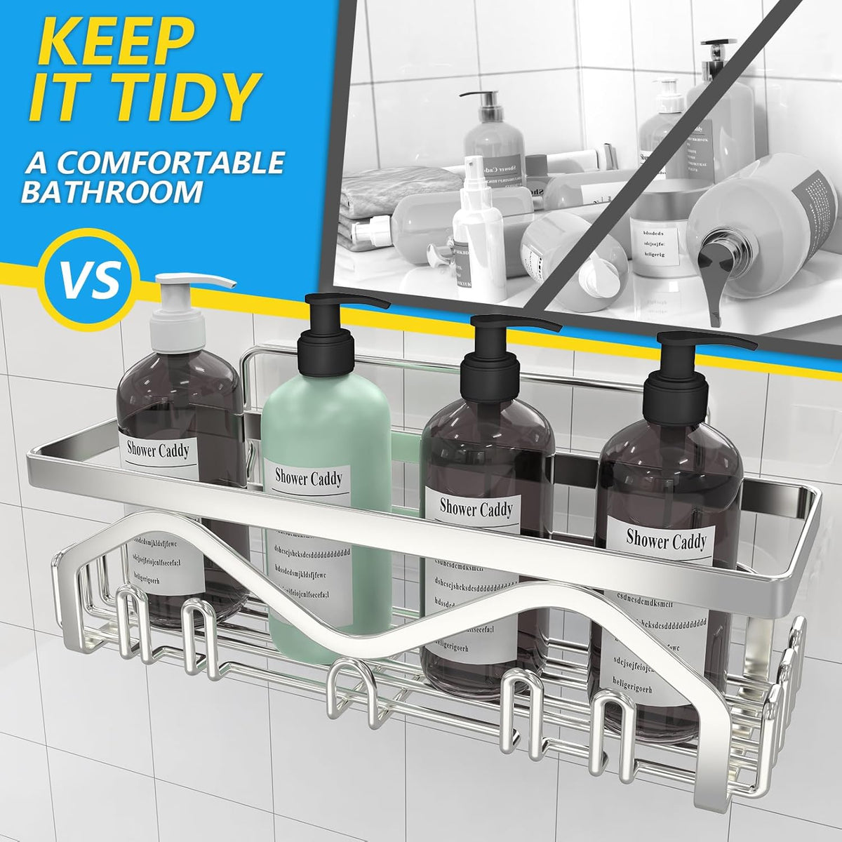 Coraje Adhesive Shower Caddy, 5-Pack Shower Shelves, Large Capacity Load Bearing 40 LBS Shower Organizer, No Drilling Shower Shelf, Rustproof Stainless Steel Bathroom Shower Storage, Black - PuriLite