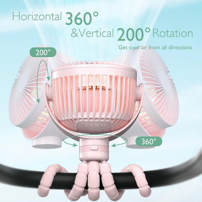Momcozy Portable Stroller Fan, 27H Ultra-long Battery Life, Detachable 4 Speed 360°Rotate, LED Night Light with 2 Modes, USB Rechargeable and Handheld Cooling Fan for Travel, Car Seat - PuriLite