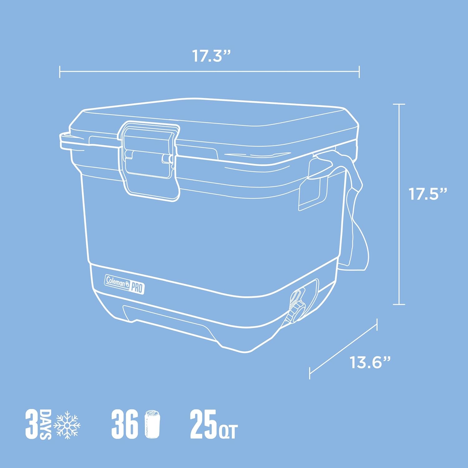Coleman Pro Heavy-Duty Ultra-Light Premium Hard Cooler, 92/74/36-Can Capacity, Extra-Thick Insulation Keeps Ice up to 5/4/3 Days, 55-Quart Wheeled Cooler or 45/25 qt (No Wheels), Blue Sky - PuriLite