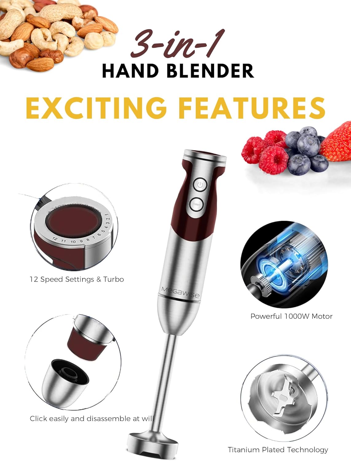 MEGAWISE new Hand Blender Series Only one Hand Blender,no attachments,12-Speed,Includes Powerful Blender Stick- Easy to Clean and Perfect for Smoothies, and More (Black) - PuriLite