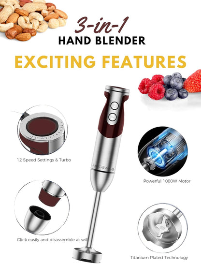 MEGAWISE new Hand Blender Series Only one Hand Blender,no attachments,12-Speed,Includes Powerful Blender Stick- Easy to Clean and Perfect for Smoothies, and More (Black) - PuriLite