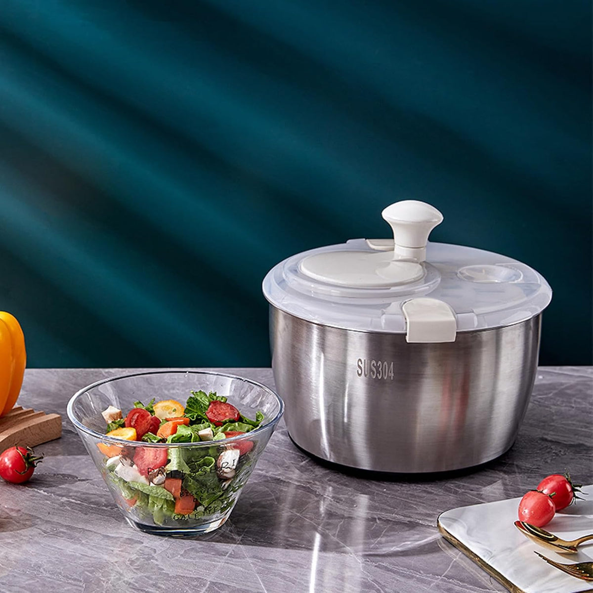 Stainless Steel Salad Spinner, Quick and Easy Vegetable Washer Lettuce Spinner with Transparent Lid and Drain Bowl Colander - PuriLite
