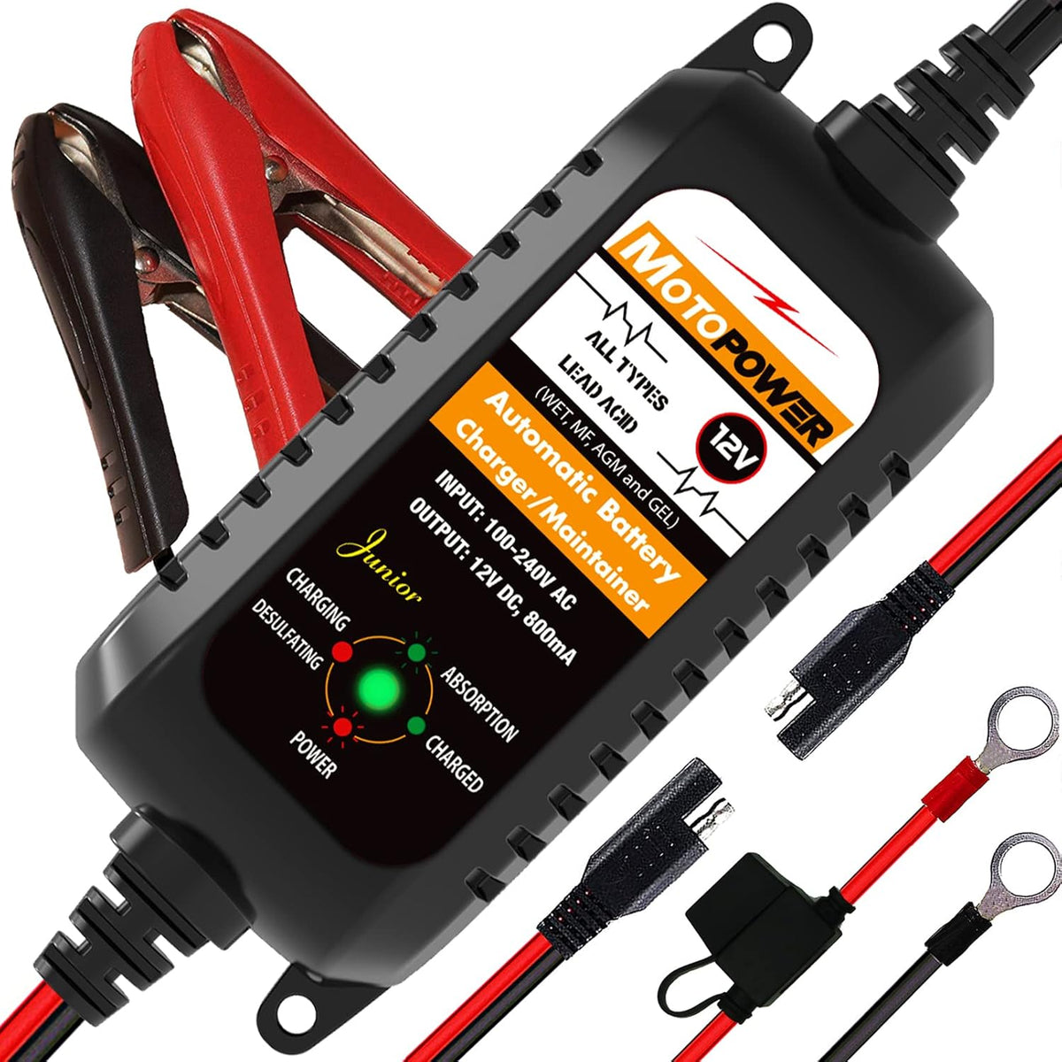 MOTOPOWER MP00205A 12V 800mA Fully Automatic Battery Charger/Maintainer - PuriLite