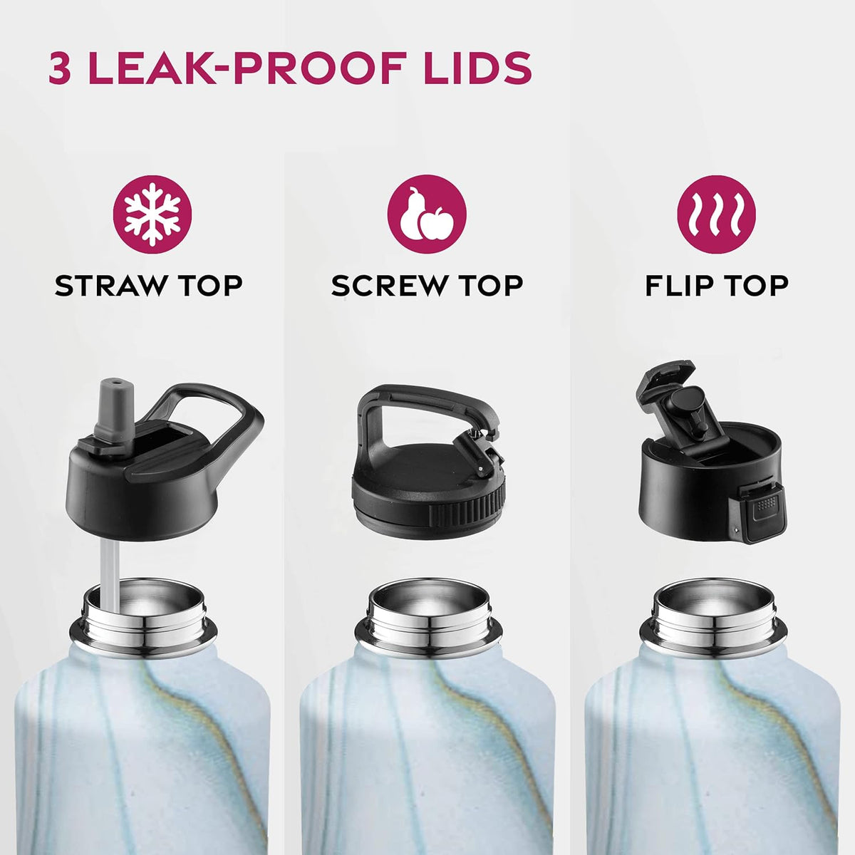 FineDine Water Bottle - Stainless Steel Insulated Water Bottle with Straw Lid, Flip Lid & Wide-Mouth Cap - Keeps Hot and Cold - 25 Oz / 739ml - Pure Pearly White - PuriLite