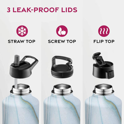 FineDine Water Bottle - Stainless Steel Insulated Water Bottle with Straw Lid, Flip Lid & Wide-Mouth Cap - Keeps Hot and Cold - 25 Oz / 739ml - Pure Pearly White - PuriLite