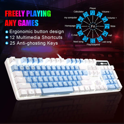 Mechanical Gaming Keyboard, 104 Keys White Backlit Mechanical Keyboards with Red Switches & Double-Shot Keycaps, MageGee Wired Ergonomic Computer Keyboard for Desktop, PC Gamers (White & Blue) - PuriLite