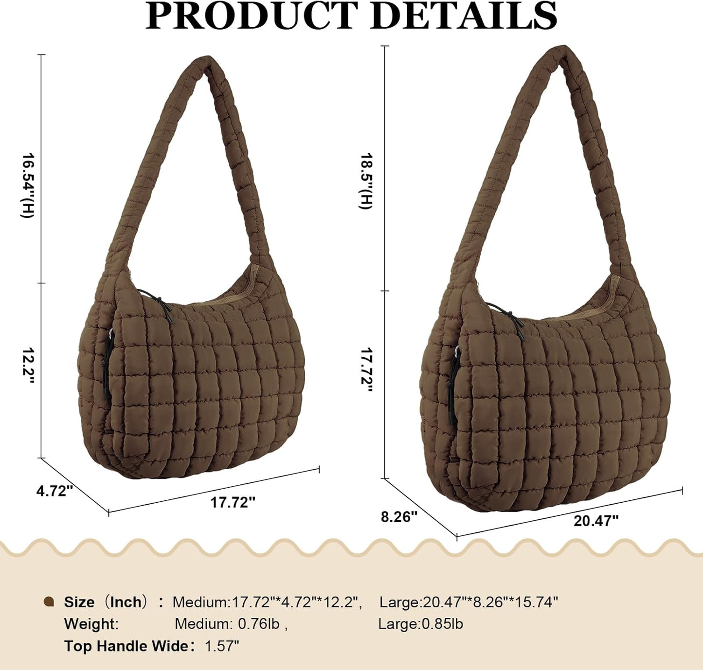 Quilted Puffer Tote Bag Large Crossbody Shoulder Bag with Zipper, Nylon Hobo Oversized Handbag - PuriLite