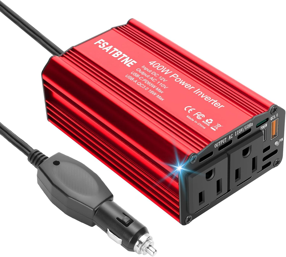 FSATBTNE 400W Power Inverter 12V DC to 110V AC Car Plug Adapter Outlet Converter with [65W PD USB-C] & [18W QC USB-A] Fast Charging Ports and 2 AC Outlets Car Power Inverters for Vehicles - PuriLite
