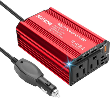 FSATBTNE 400W Power Inverter 12V DC to 110V AC Car Plug Adapter Outlet Converter with [65W PD USB-C] & [18W QC USB-A] Fast Charging Ports and 2 AC Outlets Car Power Inverters for Vehicles - PuriLite