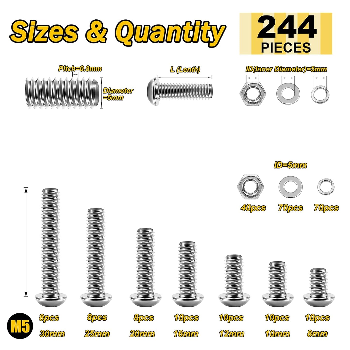 Mywish 900Pcs Metric Screw Assortment, M3 M4 M5 M6 Screw Assortment Kit 304 Stainless Steel Hex Socket Button Head Socket Cap Metric Screws Bolts & Flat Washers/Nuts/Hex Wrenches 16 Sizes 8MM to 20MM - PuriLite